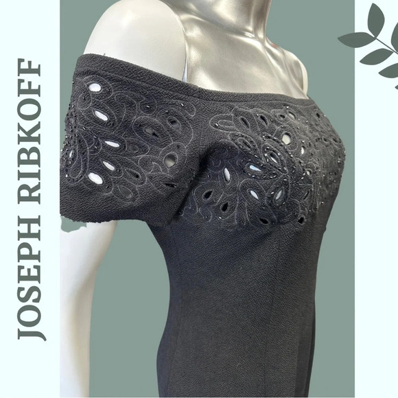 Joseph Ribkoff Off the Shoulder Little Black Dress Cut Out Beaded Embroidered 8 - Picture 7 of 9